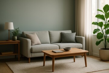 Fototapeta premium Modern gray living room with comfy sofa wooden coffee table potted plants and sunlit window
