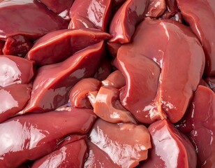Close-up view of raw chicken livers