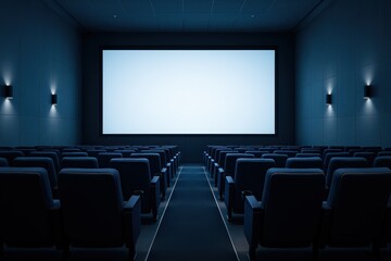 Modern cinema auditorium in cool blue with empty seats and bright blank projection screen
