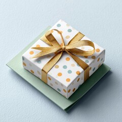 A small gift box wrapped with polka dot paper and tied with a golden ribbon, suitable for gifting occasions.