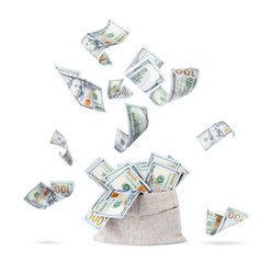 Money in sack on white background. Dollar bills flying