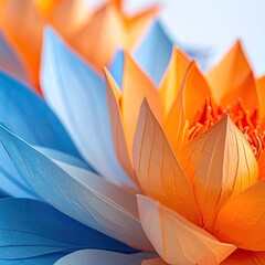 Close-up of two stylized water lilies, one orange and one light blue, showcasing intricate petal details and soft lighting