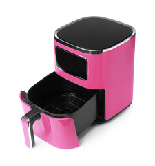 Pink air fryer isolated on white. Modern kitchen appliance