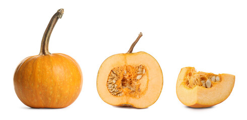 Fresh pumpkin isolated on white, set. Whole, half and piece