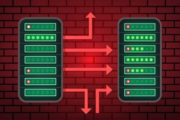 Server Racks with Glowing Green Indicator Lights and Red Data Flow Arrows servers network