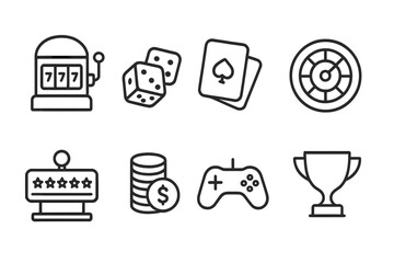 High Stakes Gaming Icons. Outline icon set of high stakes gaming: slot machine, dice roll, card game, roulette wheel, jackpot, coin stack, game controller,