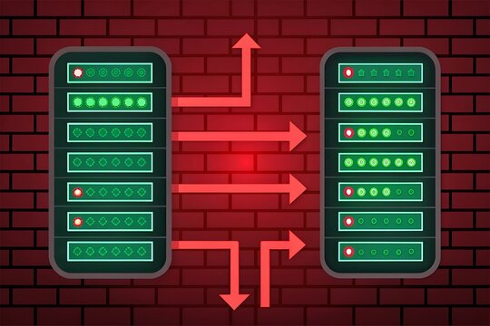 Server Racks with Glowing Green Indicator Lights and Red Data Flow Arrows servers network