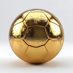 A gleaming, gold soccer ball, seemingly metallic, with subtly textured panels, rests on a plain white background
