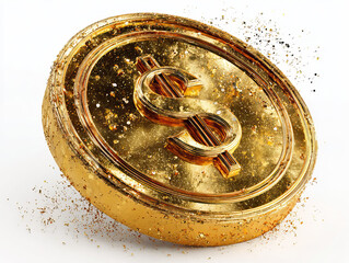 Gold Dollar Coin 3D Shining Render on Transparent Background