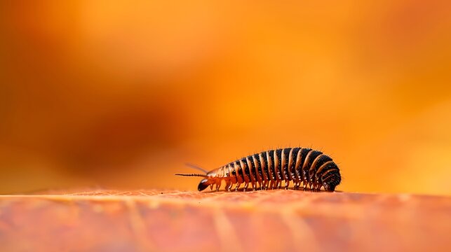 A segmented millipede with multiple legs crawls across a textured surface