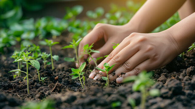M&atilde;os de uma pessoa plantando mudas de vegetais no solo.