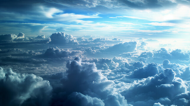 Vista a&eacute;rea espetacular de um mar de nuvens com raios de sol.