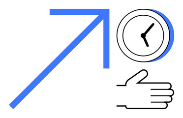 Upward arrow indicating progress, clock for time planning, hand symbolizing action. Ideal for growth, time utilization, leadership, goal achievement, productivity success strategy. Simple flat