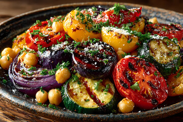Vibrant Roasted Vegetables and Chickpeas on a Rustic Plate