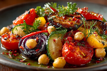 A vibrant vegetable salad with chickpeas and herbs on a dark plate viewed from above