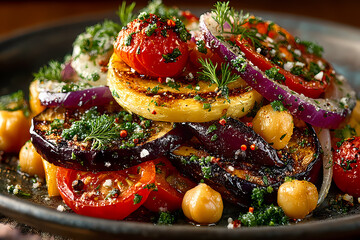 A vibrant and healthy salad featuring grilled vegetables and chickpeas, presented on a dark plate, captured from a close-up viewpoint