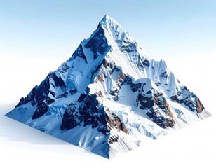 Isometric view of a snow-capped mountain, sharply angled, displaying rocky textures and glacial ice