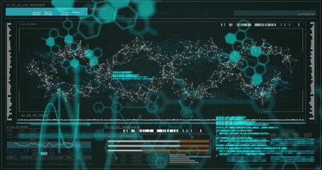 Waveform graph animating triggers network pulsing, code scrolling and bars changing to show data - Powered by Adobe
