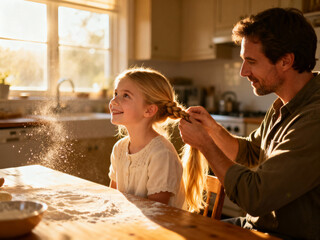 Father braiding his young daughter&rsquo;s hair in a bright kitchen