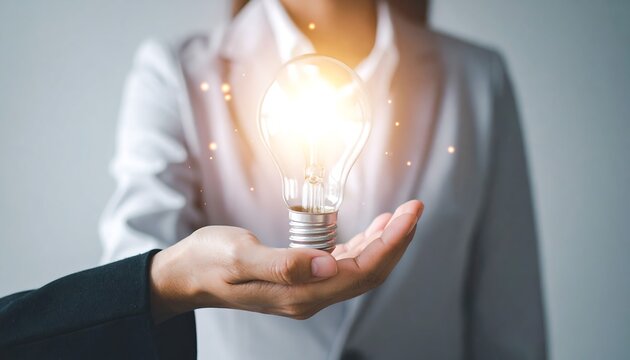 輝くホログラム電球が示すビジネスウーマンのひらめきアイデア