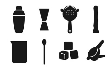 Cocktail Tool Icons. Solid, filled icon set of shake tools: cocktail shaker, jigger, strainer, muddler, mixing glass, bar spoon, ice cubes, citrus squeezer.