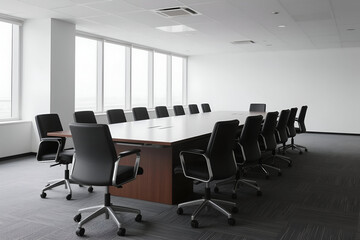 Spacious, modern conference room with a large table and black office chairs, ready for a corporate meeting. Bright interior with tall windows.