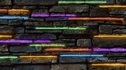 A vibrant, multicolored neon-lit stone wall with a mesmerizing display of colors and textures, viewed from a straight-on perspective.
