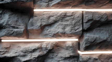 Illuminated rocky staircase with glowing neon lights embedded in rugged stone walls and steps