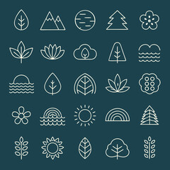 Collection of nature inspired line art icons representing trees mountains clouds sun flowers and leaves isolated on white background