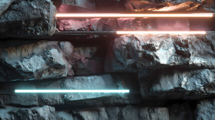 Neon lights illuminate a rugged stone wall with abstract shapes in a dark environment from a frontal viewpoint nytdd concept