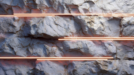 Glowing orange lines intersecting a rugged gray rocky surface in a close-up view