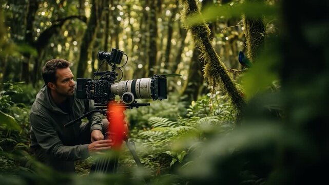 Videographer filming wildlife in lush green jungle nature documentary