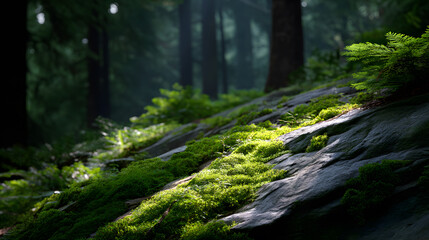 Obraz premium Sunlit Forest: A captivating scene unveils a forest floor in the middle of a shaded forest. The photo show the sun illuminates the vibrant green moss-covered rocks.