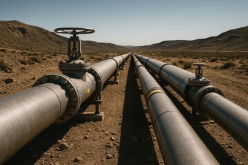 Industrial oil and gas pipelines over terrain with valves and supports under dramatic sky