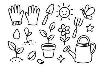Gardening Tools Doodle. Hand-drawn doodle illustration Gardening gloves gloves, shovel, rake, plant, pot, watering can, droplet, leaf, seed, sprout, flower,