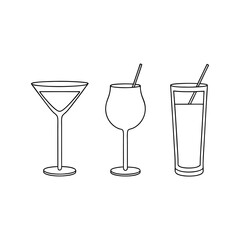 Three distinct cocktail glasses and a highball glass with straws drawn in a simple outline style isolated on white background