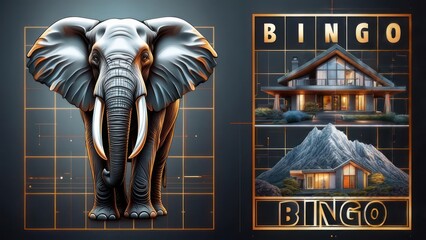 Bingo Card with Elephant, House, and Mountain.