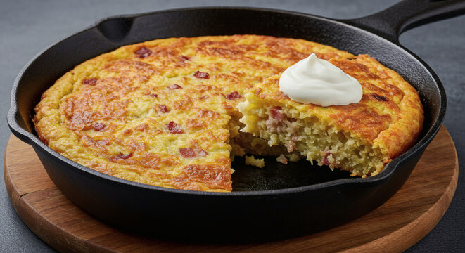 Traditional Lithuanian Kugelis with Bacon in a Rustic Cast Iron Skillet