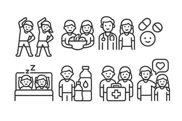 Siblings' Healthy Lifestyle Icons. Outline icon set of siblings health and wellness: exercise, healthy meal, doctor visit, vitamins, sleep, hydration, first