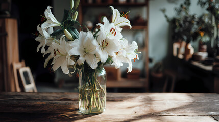 A vase with white lilies placed on a wooden table in a room with soft natural light