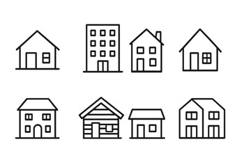 Home Types Icons. Outline icon set of home types: detached house, apartment building, townhouse, cottage, villa, cabin, bungalow, duplex. Line icons in only