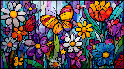 A stained glass window featuring a butterfly amidst colorful flowers in a vibrant garden scene from a close-up viewpoint.