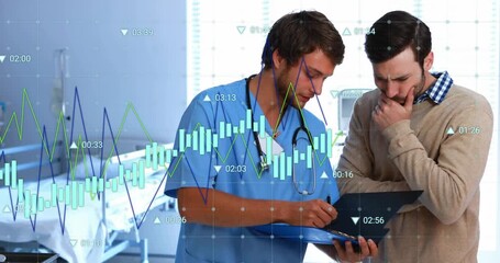 Medical professional opening blue folder and highlighting data while overlays appearing for patient - Powered by Adobe