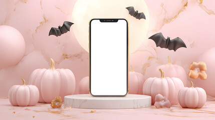 A smartphone on a marble podium surrounded by pink pumpkins and bats under a full moon