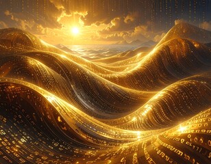 Luminous Golden Data Waves Flowing Under a Dramatic Sunset Sky.