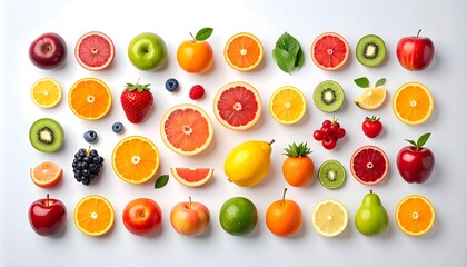 Colorful fruit slices arranged in a grid pattern on a white background