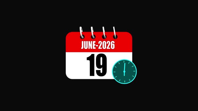 June 2026 Calendar Page with Date 19 and Teal Clock Icon on Black Background image photo