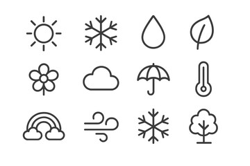 Seasonal Icon Grid. Seasons. Line icon set of seasons: sun, snowflake, raindrop, leaf, flower, cloud, umbrella, thermometer, rainbow, wind, ice crystal, tree.