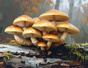 Cluster of mushrooms on a log in a misty forest