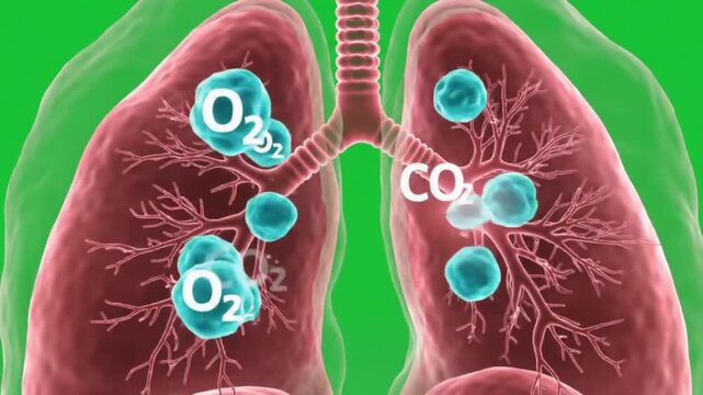 Scientific 3D Animation of Human Lungs Visualizing the Gas Exchange of Oxygen and CO2 on a Green Screen.